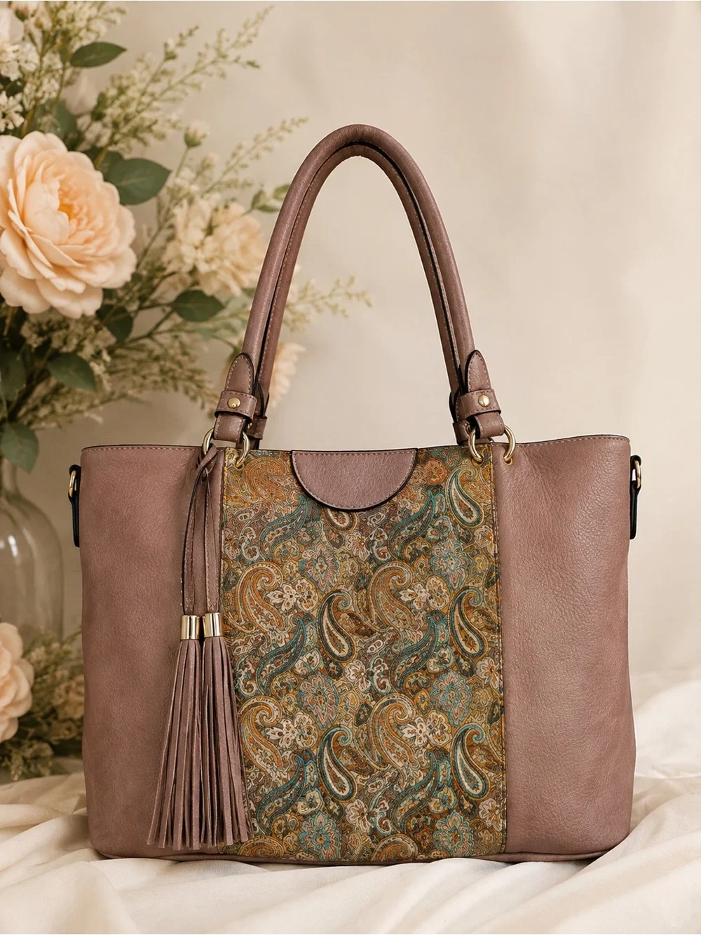 Paisley-Panel Tote in Mauve Brown with Tassel